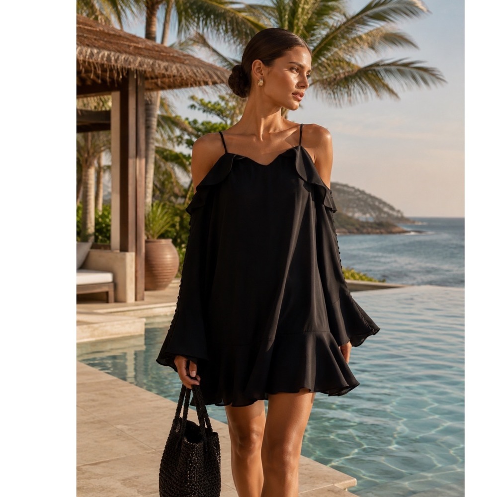 Jonathan‎ Simkhai Cold Shoulder Mini Dress Women 8 Black Ruffle Bell Sleeve LBD